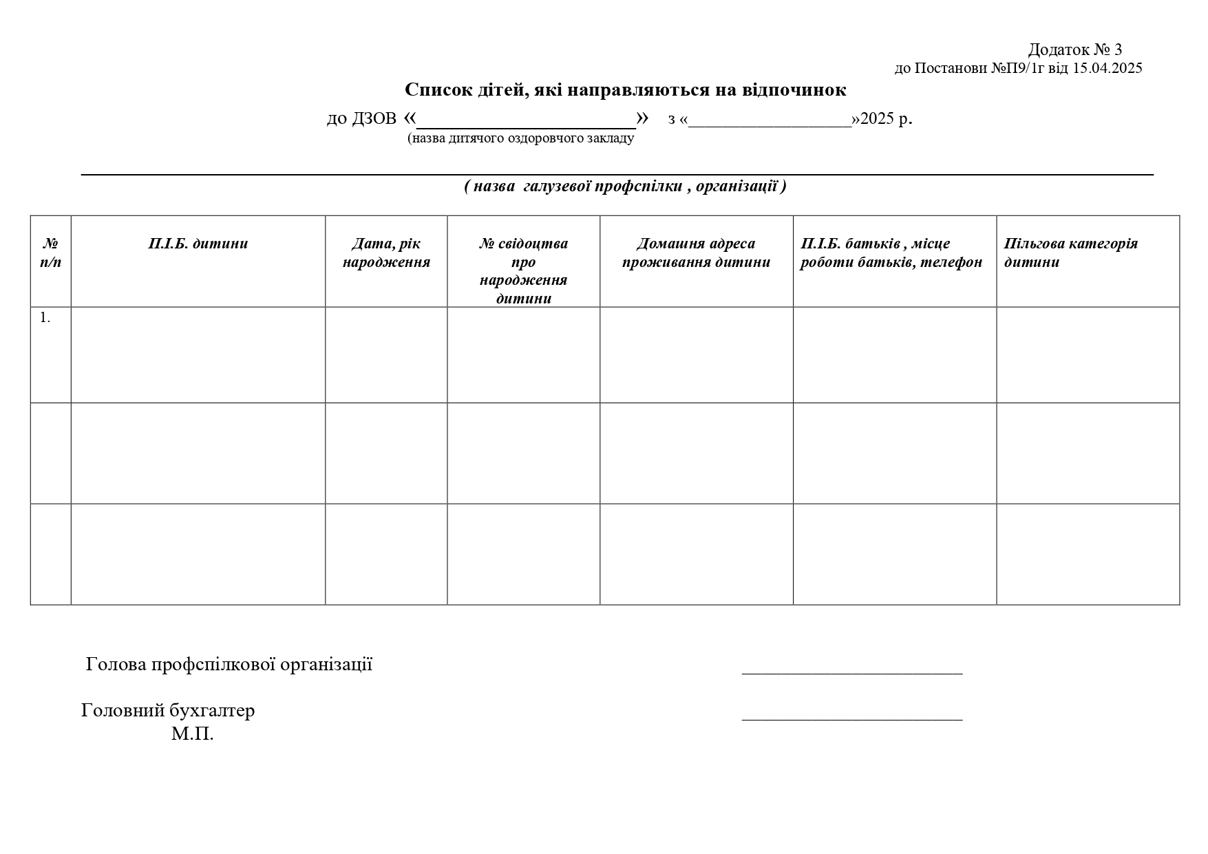 Додаток 3 до П9 1Г Форма списків для пільгових путівок page 0001